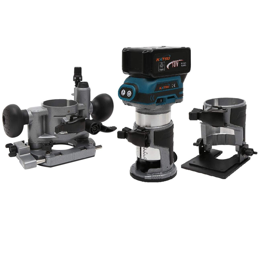 KATSU Schnurloser Holz Oberfräse Kantenfräse Set 18V mit 3 Basen + 3 Spannzangen 6mm, 8mm und 10mm +
