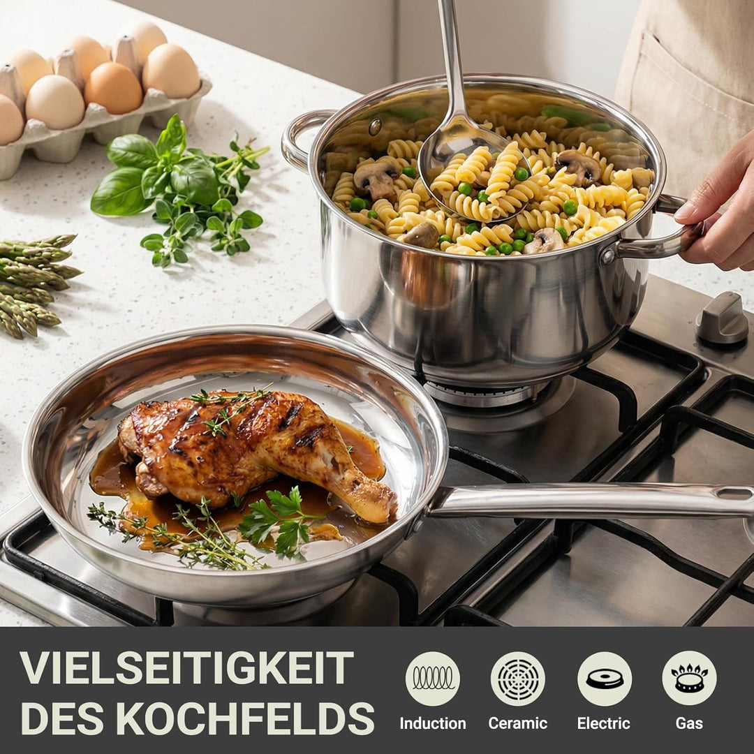 Topfset 15 Teilig Induktionsgeeignetes Edelstahl: 5-7 Personen Kochtopfset Lebensmittelqualität PFAS