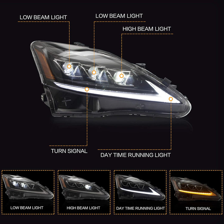 VLAND Scheinwerfer für Lexus IS250 2006-2012 Voll-Scheinwerfer mit Blinker-Sequenzanzeige, Abblendli