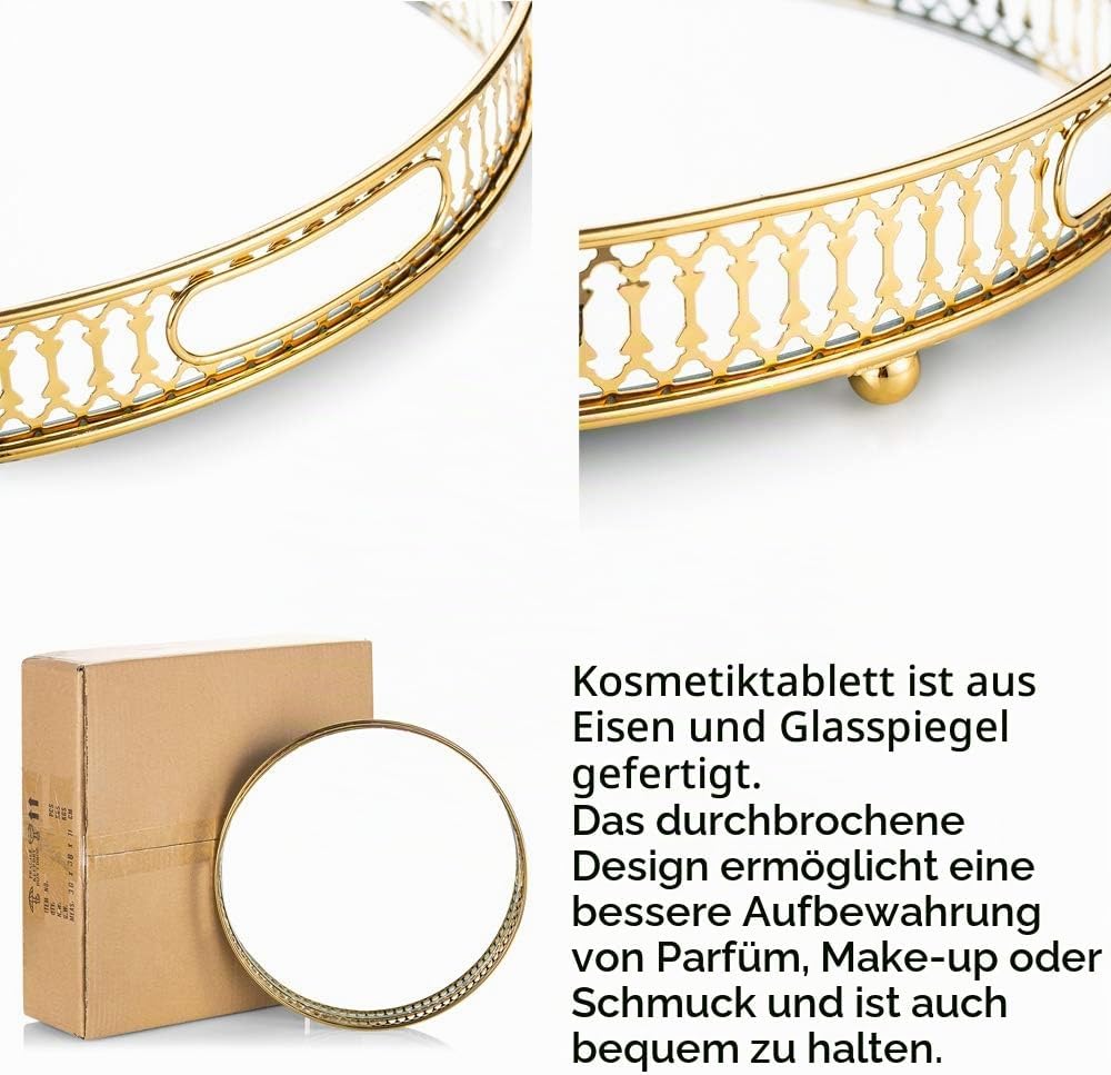 NUPTIO Parfüm-Tablett verspiegelt goldfarben: Dekoratives Tischtablett Glas-Organizer Metall Rund ve