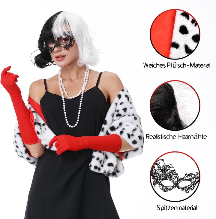 Aragallant Cruella Kostüm Damen, Kurze Schwarze und weisse Perücke, Halloween Kostüm Damen Set, 70er