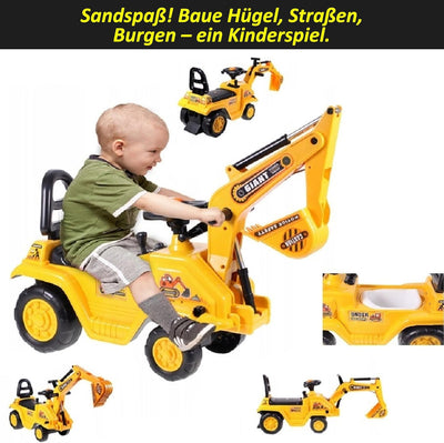 COIL Rutschauto - Grosser Bagger für Kleinkinder, Spielzeugbagger mit Lenkrad und Geräuschen, Sandsp