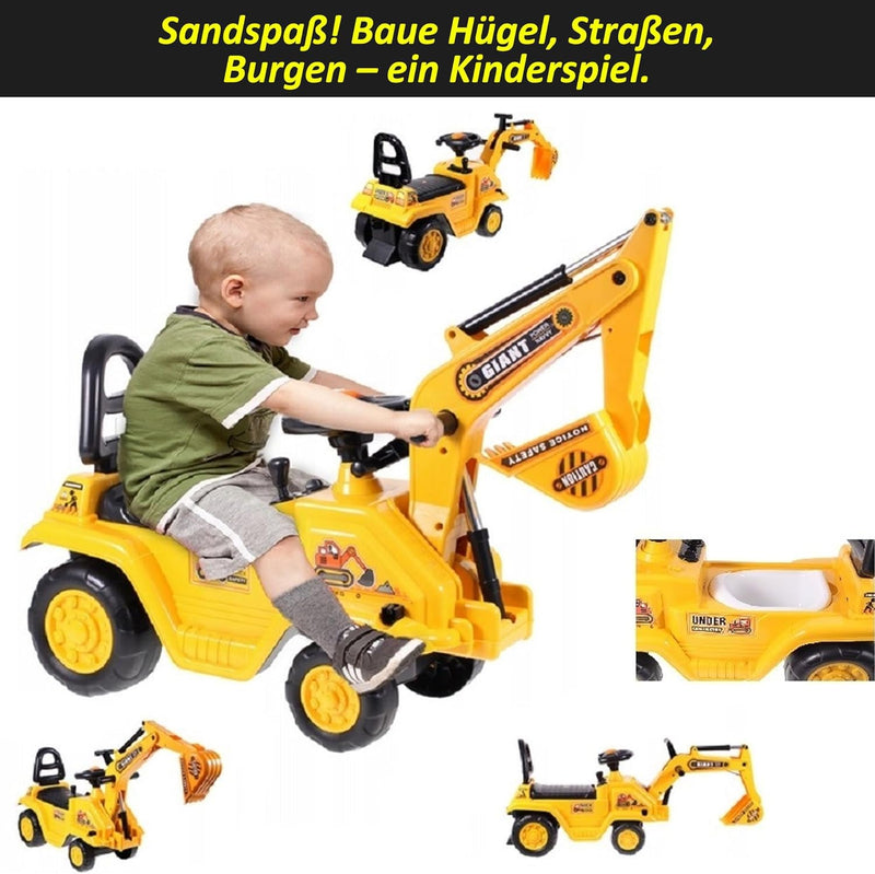 COIL Rutschauto - Grosser Bagger für Kleinkinder, Spielzeugbagger mit Lenkrad und Geräuschen, Sandsp