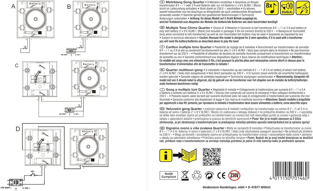 Heidemann Mehrklang-Gong Quarter (Empfänger, Lautstärke 85 dB, Farbe reinweiss, Türklingel, Gong) 70