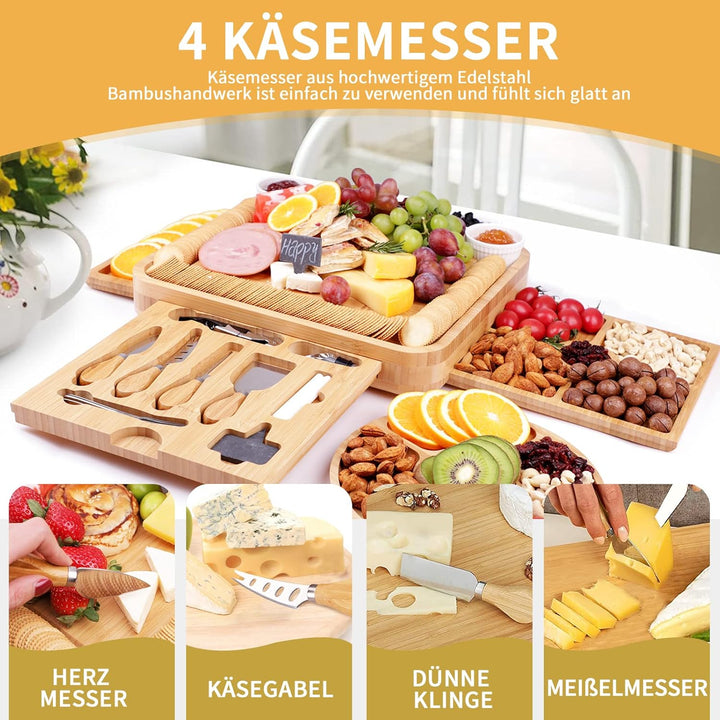 Bambus-Käsebrett, Käsebrett mit Käsemesser-Set, Charcuterie Board,Käsebretter, Servierbrett, für Wei