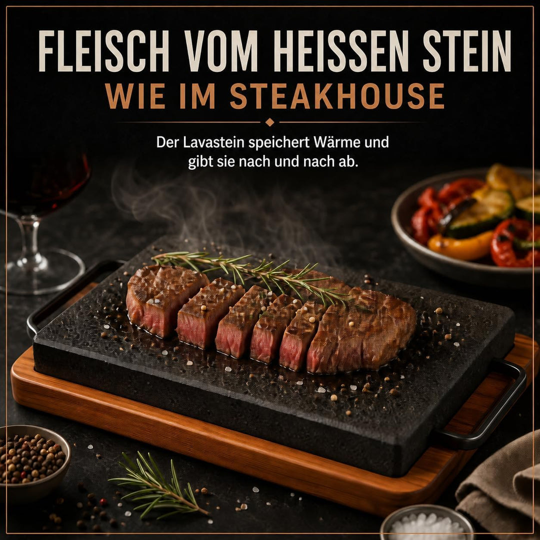 Lavastein Grillplatte mit Holztablett 27x18 cm – Heisser Stein für Steak &amp; Fleisch – BBQ Servierplat