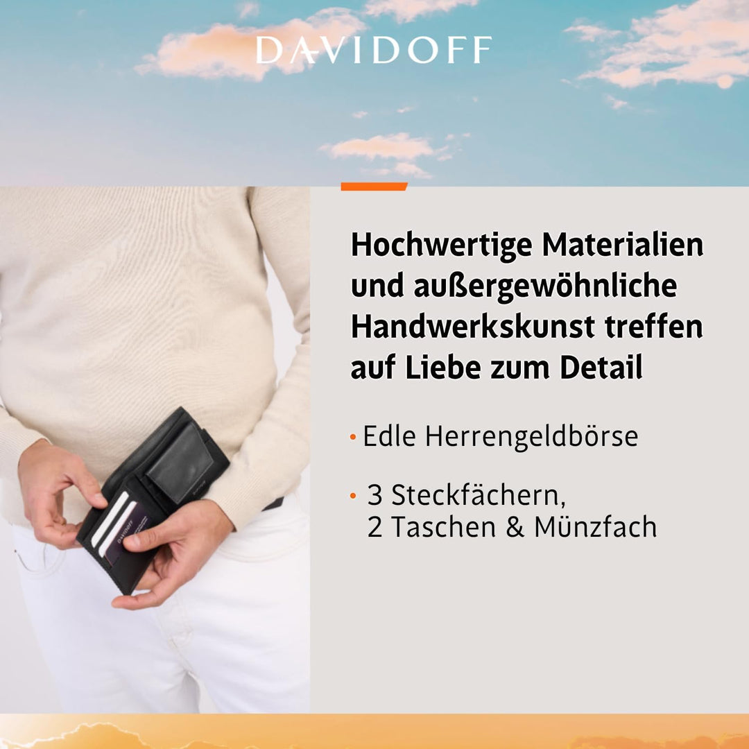 Davidoff Essentials Herren Geldbörse Braun – Elegante kleine Brieftasche aus feinem Leder – edles He
