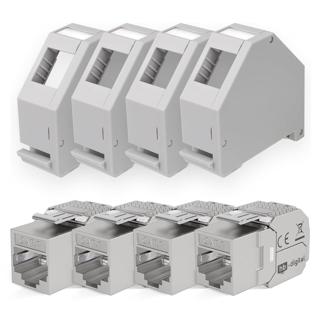 hb-digital Set: 4X Cat.7 Keystone Modul RJ45 + 4X Hutschienenadapter Keystone-Halterung für Hutschie