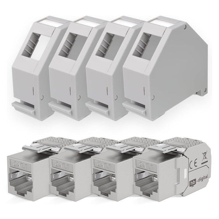 hb-digital Set: 4X Cat.7 Keystone Modul RJ45 + 4X Hutschienenadapter Keystone-Halterung für Hutschie