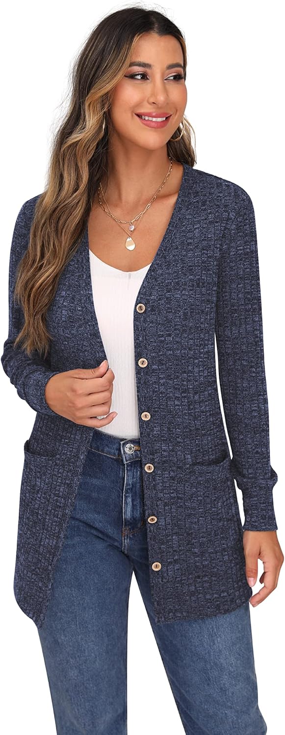 GRECERELLE Damen Leichte Strickjacke Lang mit Taschen und Knöpfen Long Elegant Cardigan V-Ausschnitt