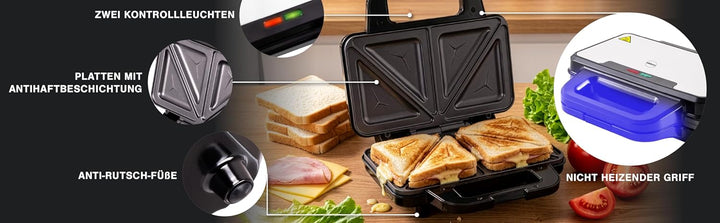 Sandwichmaker 900W, Sandwich Toaster mit Extra grossen Antihaftplatten 268×145 mm, Toastmaker für 2