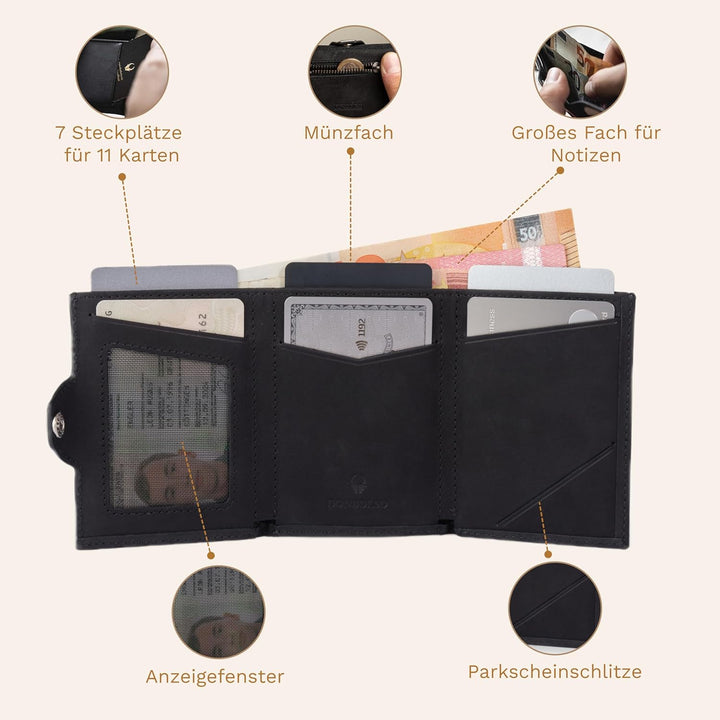 DONBOLSO Wallet mit Airtag - Mini Portemonnaie Vintage-Schwarz mit Münzfach für 15 Karten, RFID-Schu