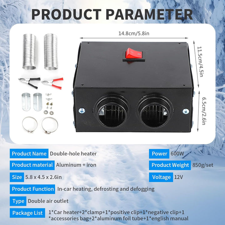 Heizung 12V 600W,Tragbare Autoheizung Heizluefter Wärmer Defroster,2 Loch 5 Sekunden Schnellheizung