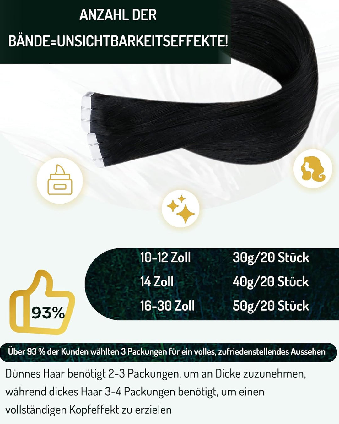 RUNATURE Schwarz Tape in Echthaar Extensions 45cm Glatt Echthaar Haarverlangerung Tape in Unsichtbar