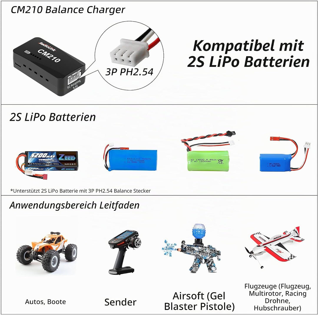 Radiolink CM210 1 Stück schneller 2S LiPo Akku Balance Ladegerät Micro Size USB Type-C Stecker, Netz