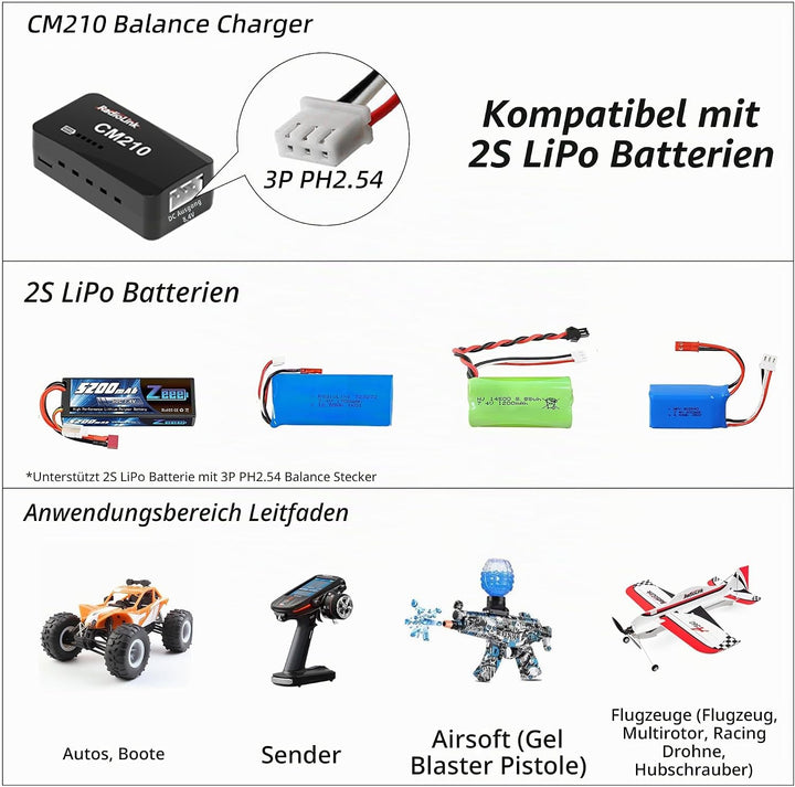 Radiolink CM210 1 Stück schneller 2S LiPo Akku Balance Ladegerät Micro Size USB Type-C Stecker, Netz