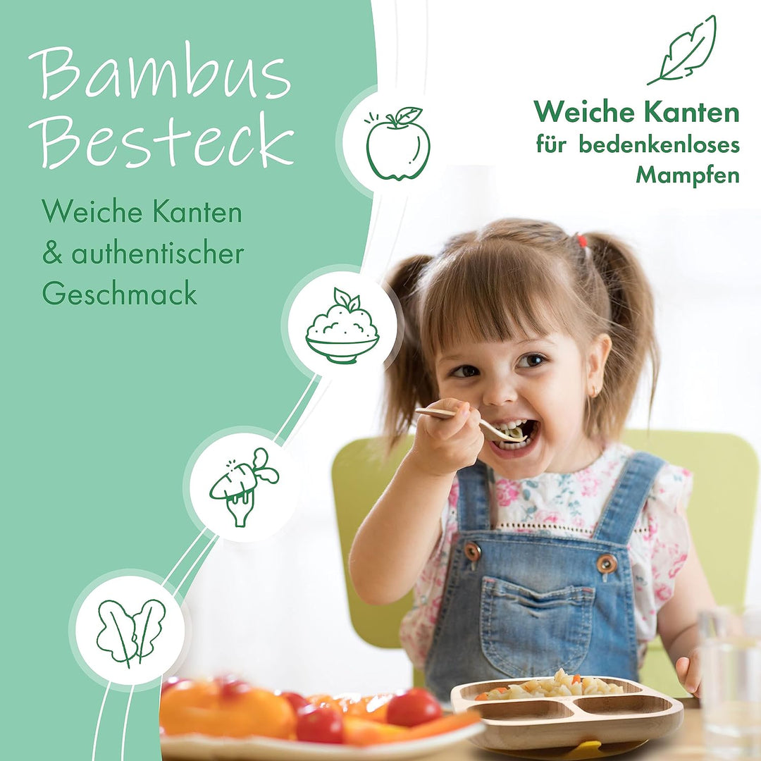 Babylovit Bambus Kinderteller | TÜV Geprüfter Baby Teller mit Saugnapf &amp; Esslernbesteck | BLW Beikos