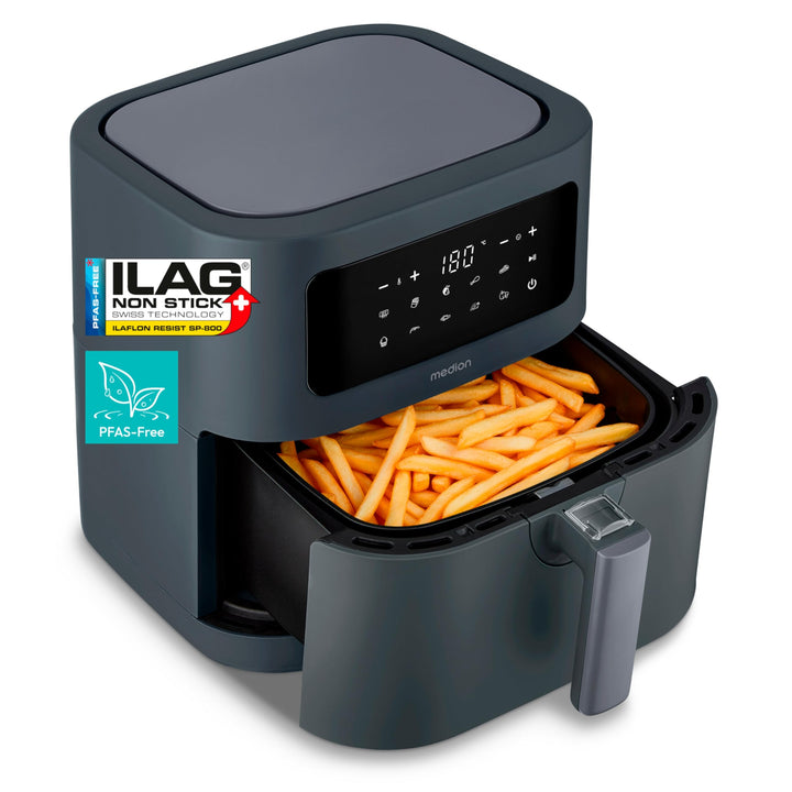 MEDION E40 XL Heissluftfritteuse (5,2 Liter, Airfryer, 2.150 Watt, 9 Automatikprogramme, Backfunktio