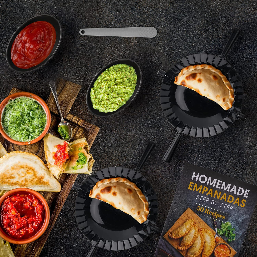 Tortillada – Empanadas Maker Formen 15,5 cm/Empanada Form Presse Set 7 teilig inkl. Rezeptbuch, Dips