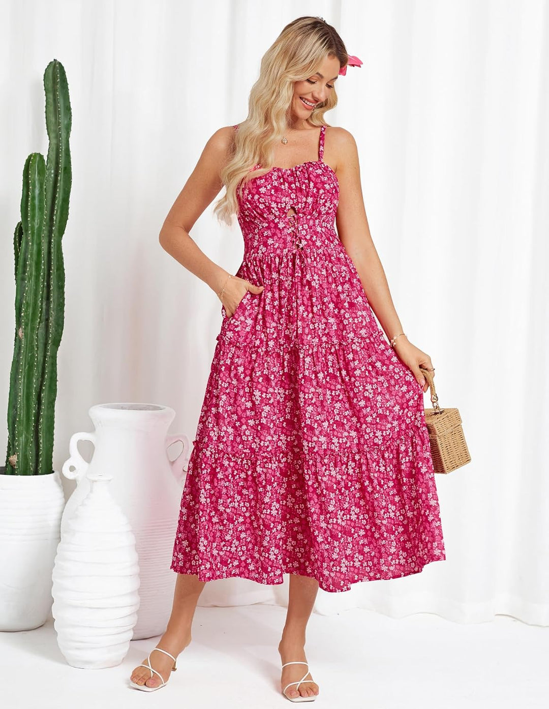 GRACE KARIN Damen Sommerkleid A-Linie Blumenkleid Casual Strandkleid Trägerkleid Midi Boho Kleid Fre
