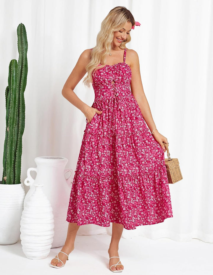 GRACE KARIN Damen Sommerkleid A-Linie Blumenkleid Casual Strandkleid Trägerkleid Midi Boho Kleid Fre
