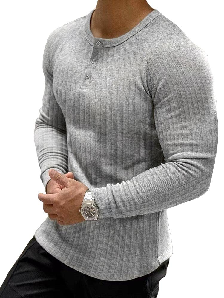 Muscle Cmdr Muscle Henley Shirt Herren Langarm, Slim-fit Langarmshirt, Freizeit T-Shirt aus Baumwoll