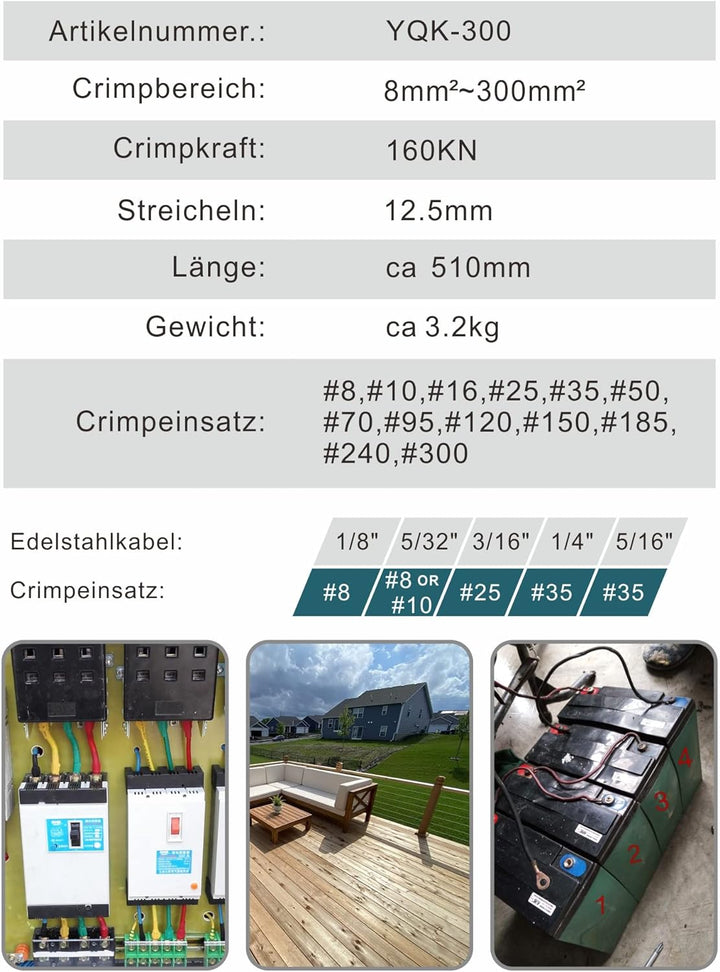 AMZCNC 16 Tonnen Hydraulische Presszange Crimpzange 8-300 mm² Zange Kabelschuhzange with 13 Pairs of