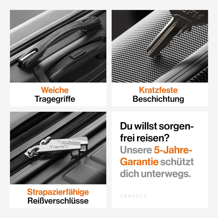 Travely Polycarbonat Koffer Gross 77cm XL - 100L Innenvolumen - 158cm Gurtmass, sehr robuster Hartsc