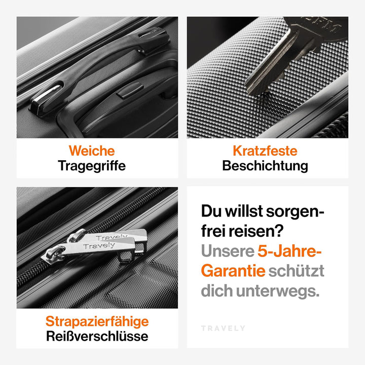 Travely Polycarbonat Koffer Gross 77cm XL - 100L Innenvolumen - 158cm Gurtmass, sehr robuster Hartsc
