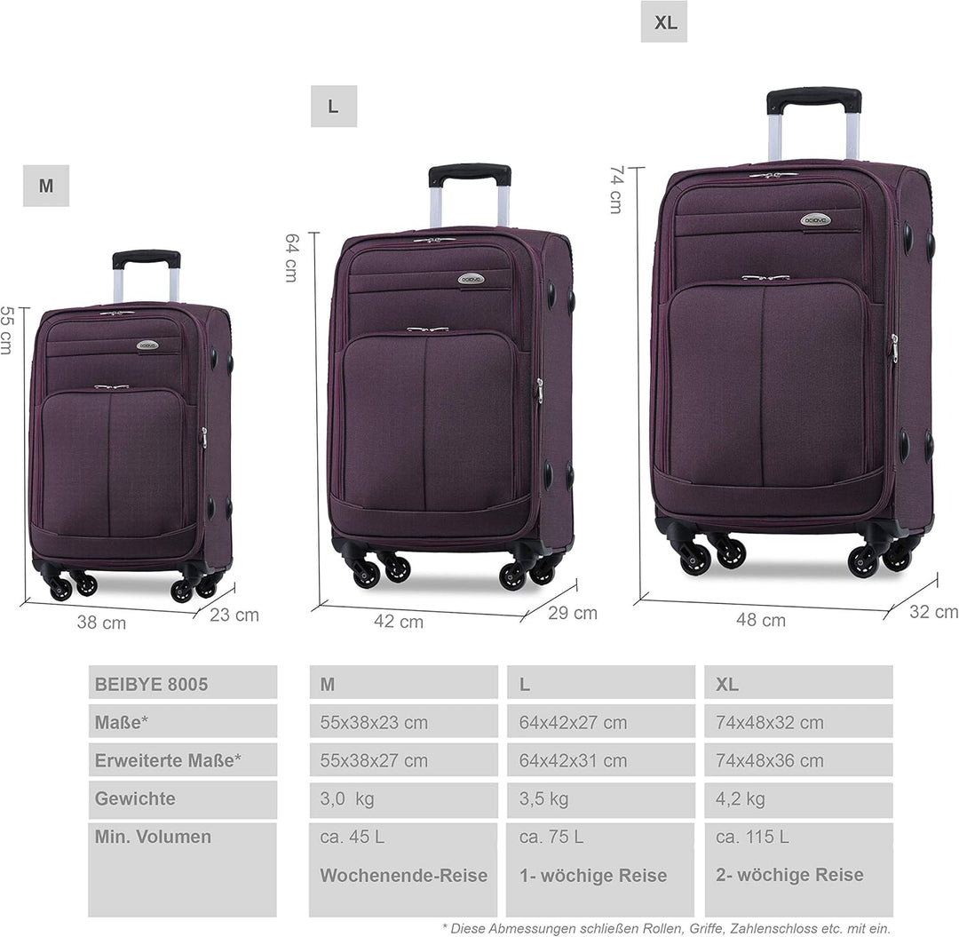 BEIBYE 4 Rollen Reisekoffer 3tlg.Stoffkoffer Handgepäck Kindergepäck Gepäck Koffer Trolley Set-XL-L-