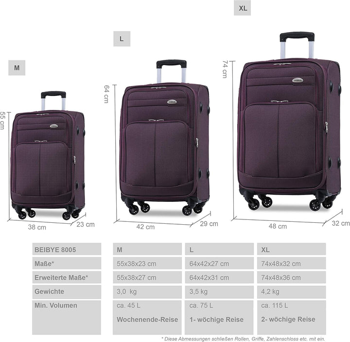 BEIBYE 4 Rollen Reisekoffer 3tlg.Stoffkoffer Handgepäck Kindergepäck Gepäck Koffer Trolley Set-XL-L-