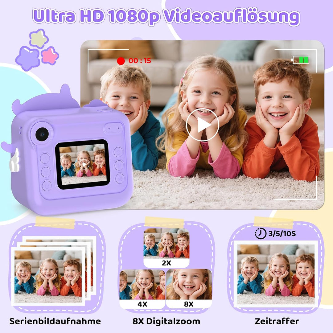 Sofortbildkamera Kinder, 1080P HD Kinderkamera Sofortbildkamera mit 32-GB-Karte, 48MP Selfie Kamera