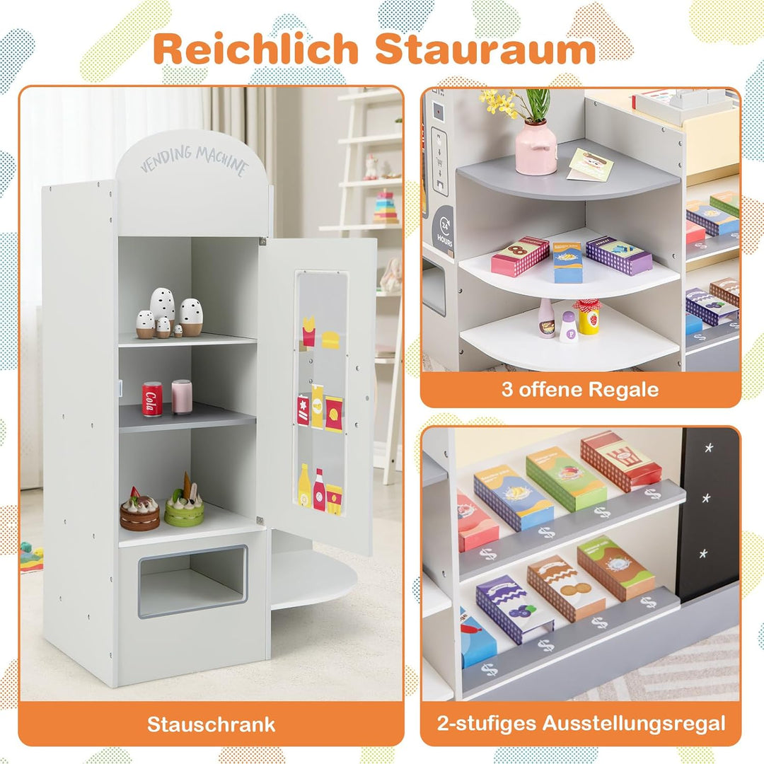 COSTWAY Kinder Kaufladen, Kaufmannsladen aus Holz mit Seitentheke, Supermarkt-Set mit Kasse, POS-Mas