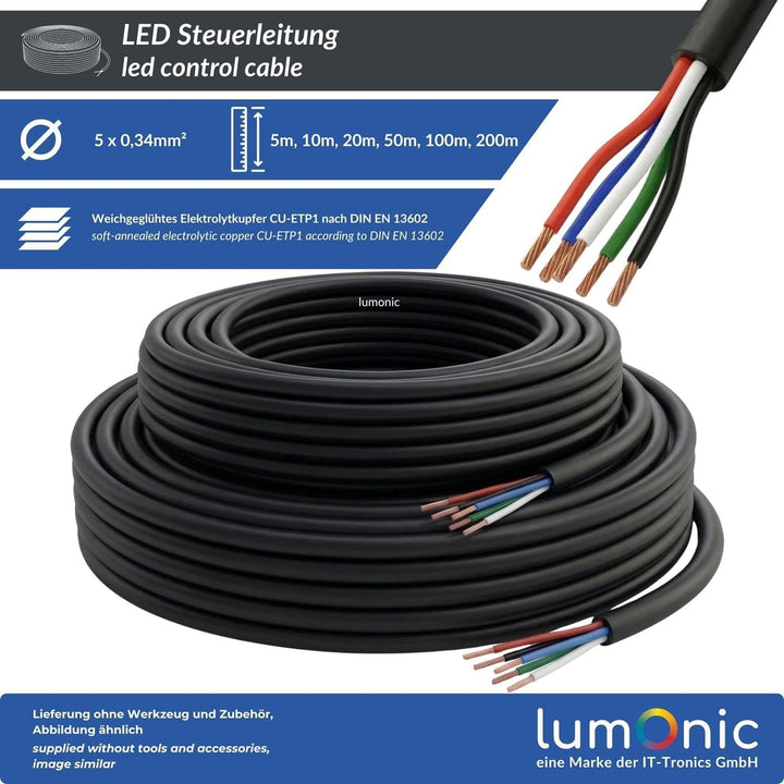 Lumonic 5x 0,34mm² LED Steuerleitung schwarz 20m I ummanteltes 5 adriges Kabel flexibel I Geschirmte