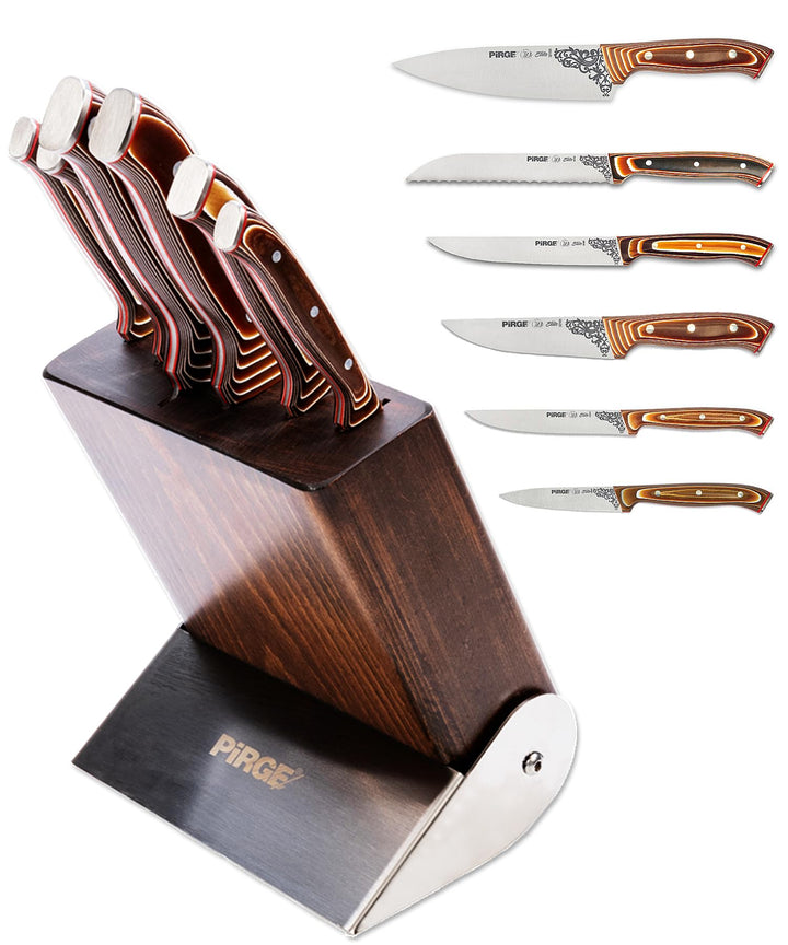 Pirge Elite Küchenmesser Set mit Block 7 TLG Edelstahl - Verbundholz Full Tang Messer Set mit Hainbu