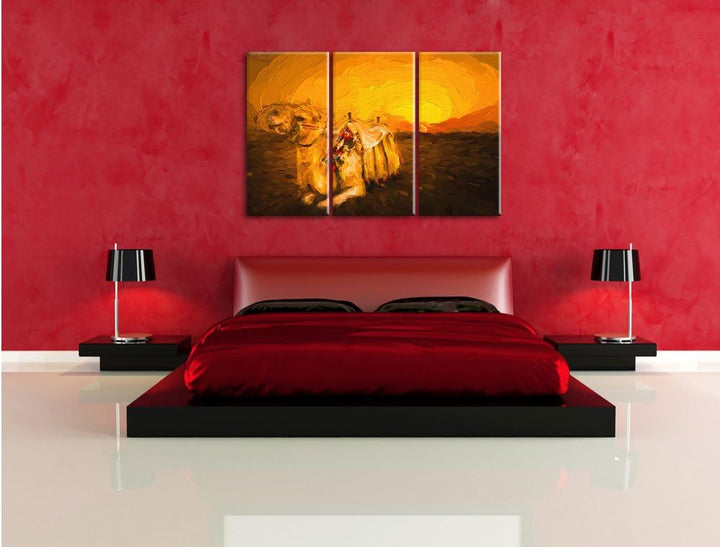 Pixxprint Kamel bei Sonnenuntergang in Ägypten Kunst Pinsel Effekt 3-Teiler Leinwandbild 120x80 Bild