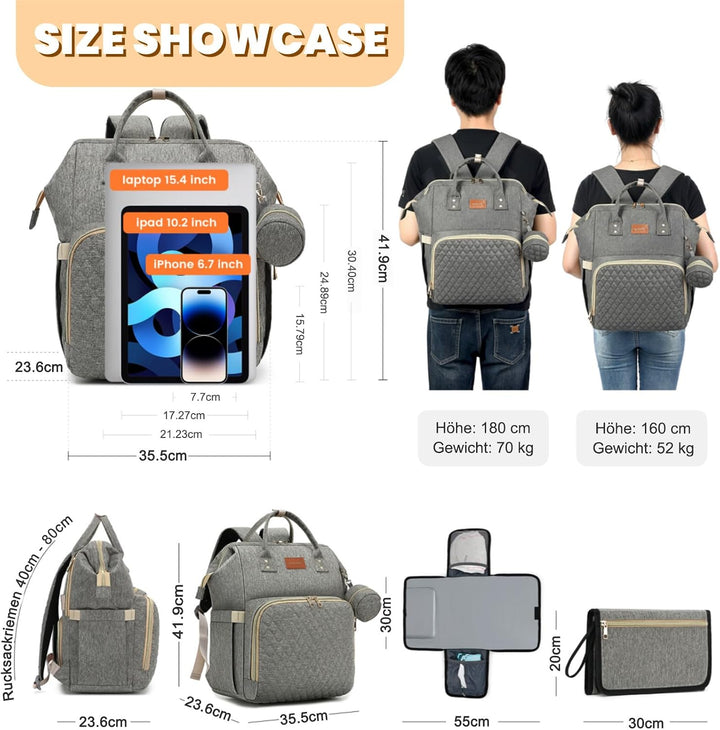 Wickelrucksack Gross - Baby Wickeltasche Rucksack Wasserdicht &amp; Leicht mit Wickelunterlage, Schnulle