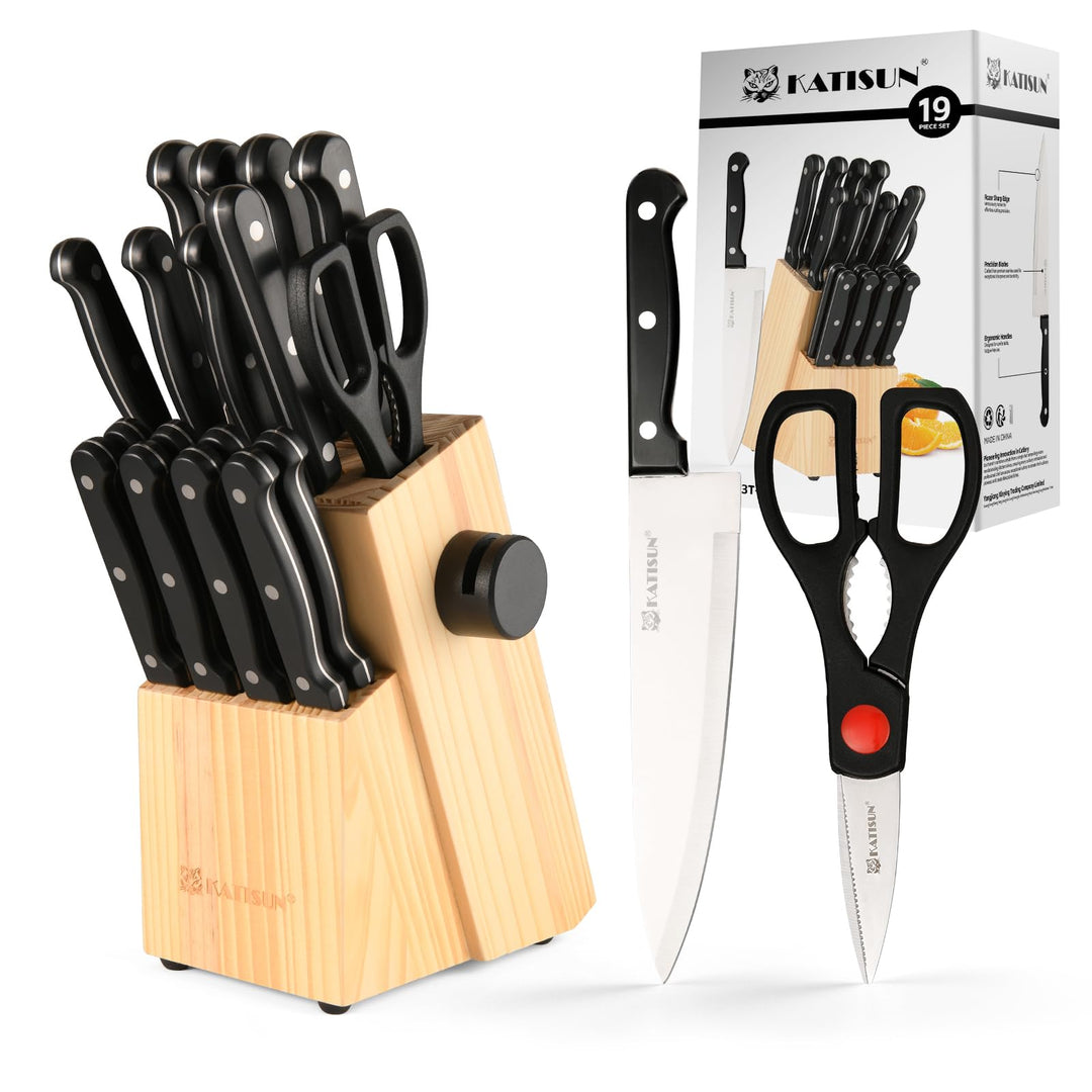KATISUN Messerset, Messerblockset 19 Stück, Edelstahl Kochmesser Set mit Holzblock，Profi Küchenmesse