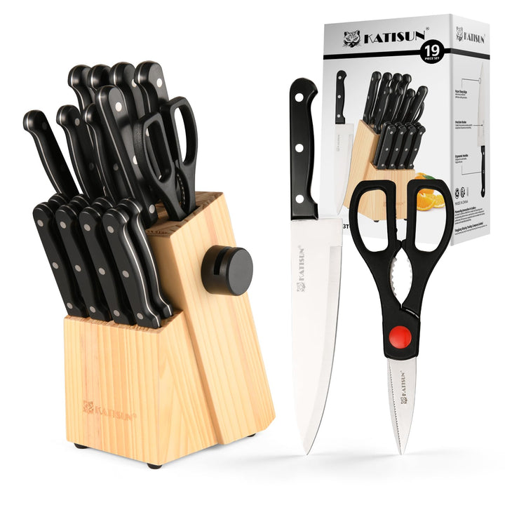 KATISUN Messerset, Messerblockset 19 Stück, Edelstahl Kochmesser Set mit Holzblock，Profi Küchenmesse