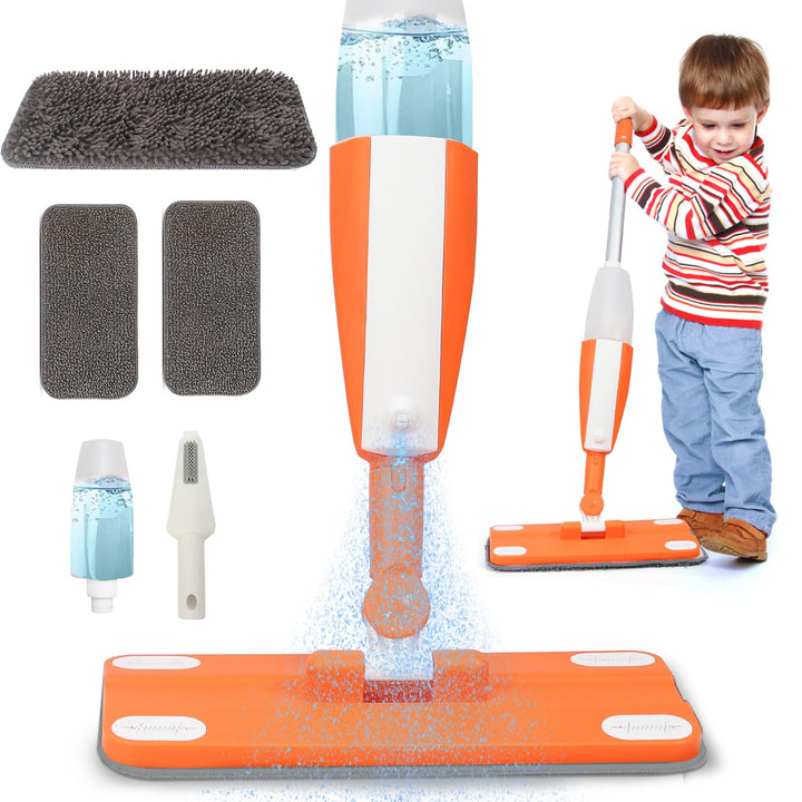 Wdmiya Kinder Sprühmopp mit Sprühfunktion, Kinderspielwischer mit Echtem Wassersprüher & 3 Waschbare