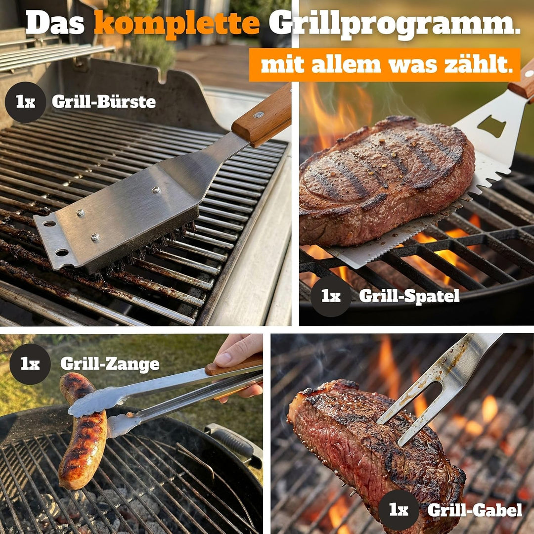 Grillset für Männer Geschenk in Ledertasche – Grillbesteck Set aus Edelstahl - 3-in-1 Spachtel &amp; Rei