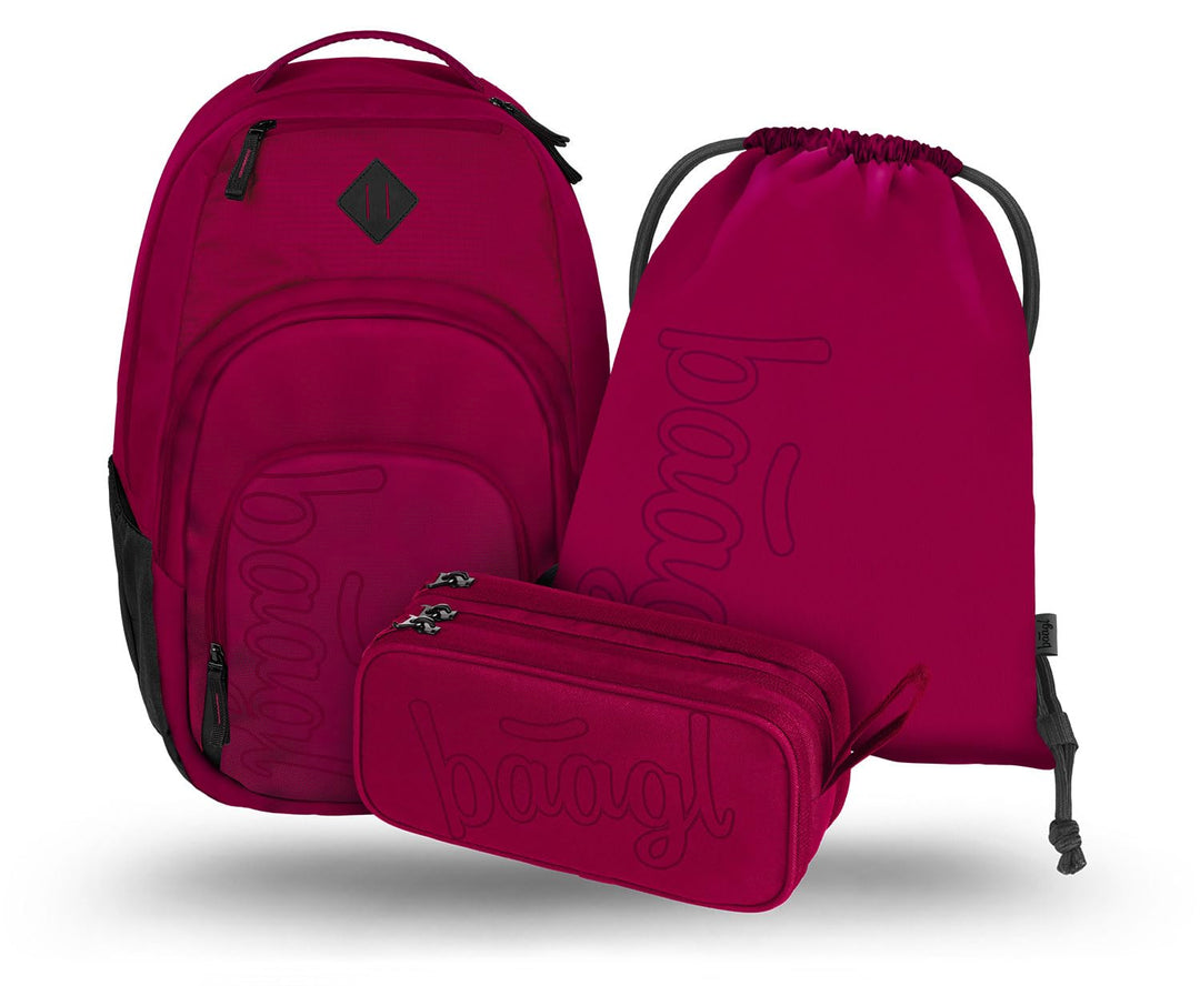 Baagl Schulrucksack Set 3 Teilig Rucksack Laptopfach Daypack 35 l Ruby | Ergonomischer Grosser Ranze