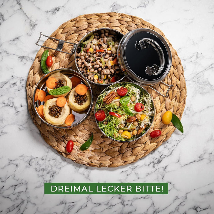 ECO Brotbox | Tiffin Swing | runde Lunchbox aus Edelstahl mit 3 Lagen, auslaufsicher | 1200 ml