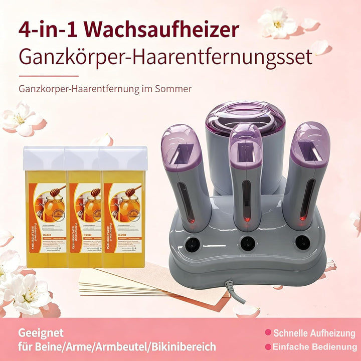 4 in1 Professioneller Wachswärmer, 800ml Wax Maschine + 3×100g Roll on Heisswachsgerät mit separaten