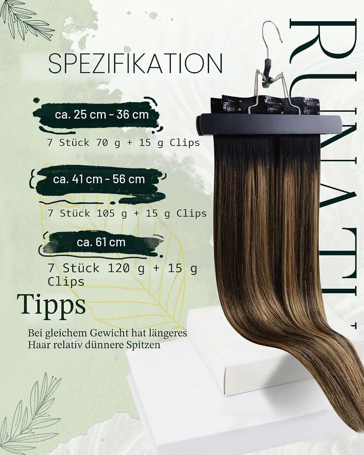 RUNATURE Echthaar Extensions Clip in Balayage 50cm 120g Echte Natürlich Schwarz Und Braun bis Blond