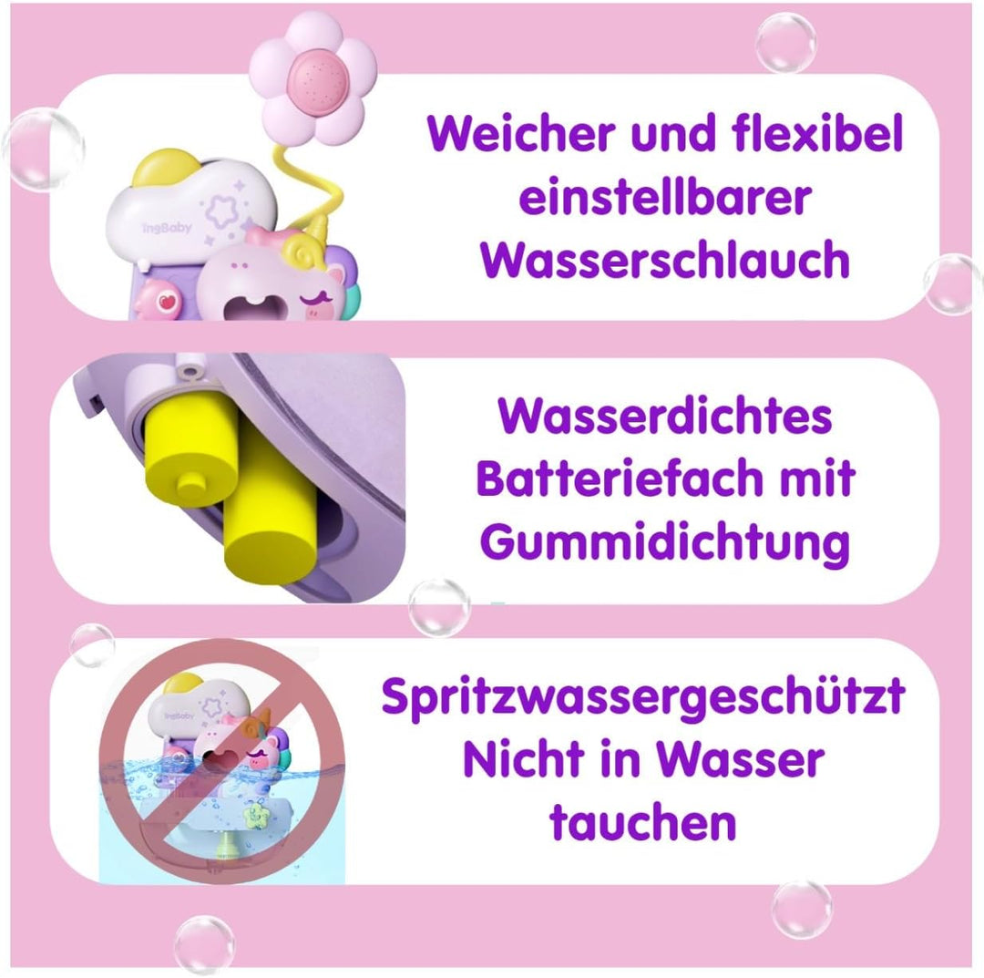Schaum-Einhorn mit Babydusche, Badespielzeug mit Seifenblasen, Badewannenspielzeug, Baby Wasserspiel