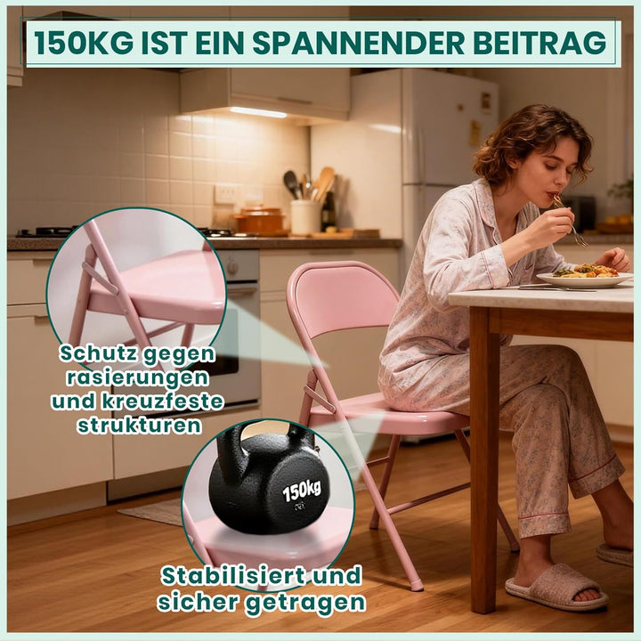 Vollstahl-Klappstuhl 4er Set, Schwerlast-Metallklappstuhl, Ergonomische Rückenlehne, Leicht &amp; platzs