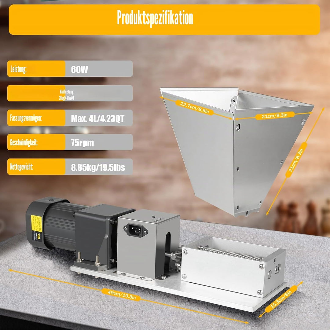 Haferquetsche, 220V 60W Flockenquetsche 4L Getreidequetsche 75rpm Elektrische Getreidemühle Verstell