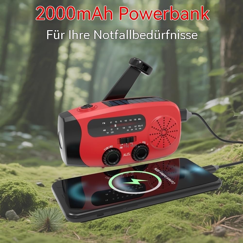 Aufziehbares Solarradio, Notfallradio, tragbares Solar-Notfallradio.2000 mAh wiederaufladbare Powerb