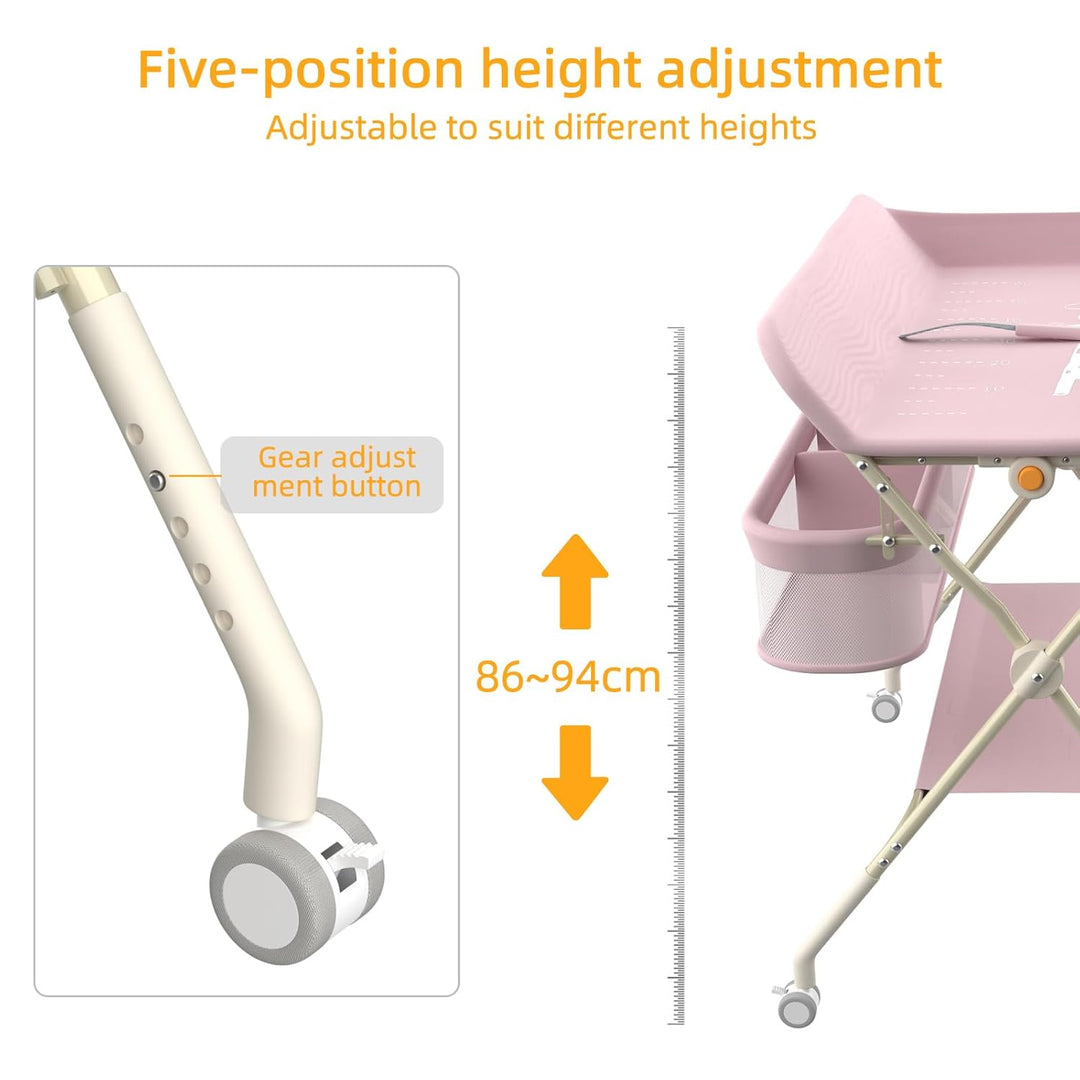 Klappbarer Wickeltisch Baby Höhenverstellbar – Mobile Wickelkommode mit Ablagekörben, Sicherheitsgur